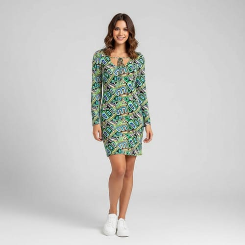 Vestido manga larga estilo azteca anaranjado Capella - Verde